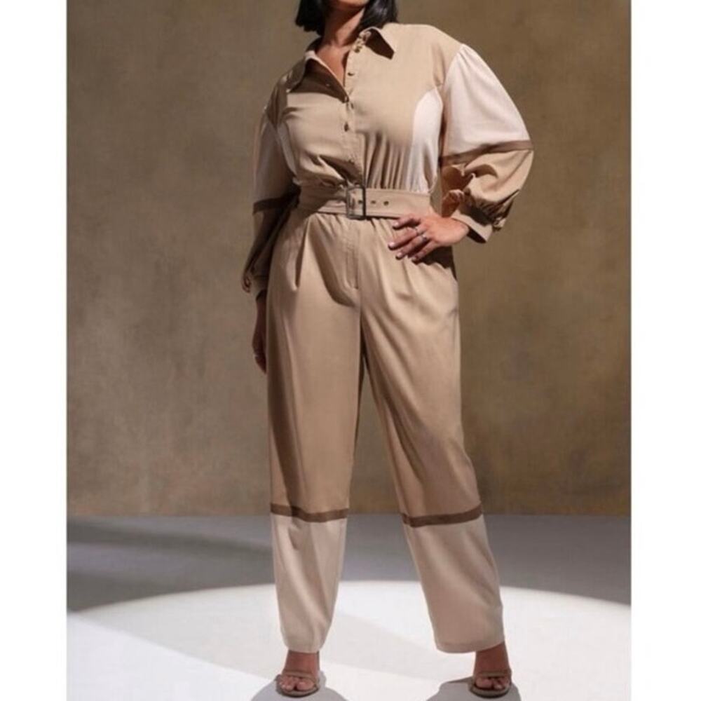 Eloquii Sz 18 Neutral Tan Colorblock Jumpsuit Long Sleeve Utility Minimalist
